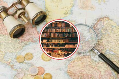 cartina del mondo e libreria al centro