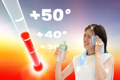 donna che suda e termometro alto della temperatura