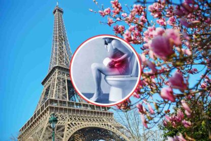 torre eiffel e rappresentazione di donna seduta sul wc con mal di pancia